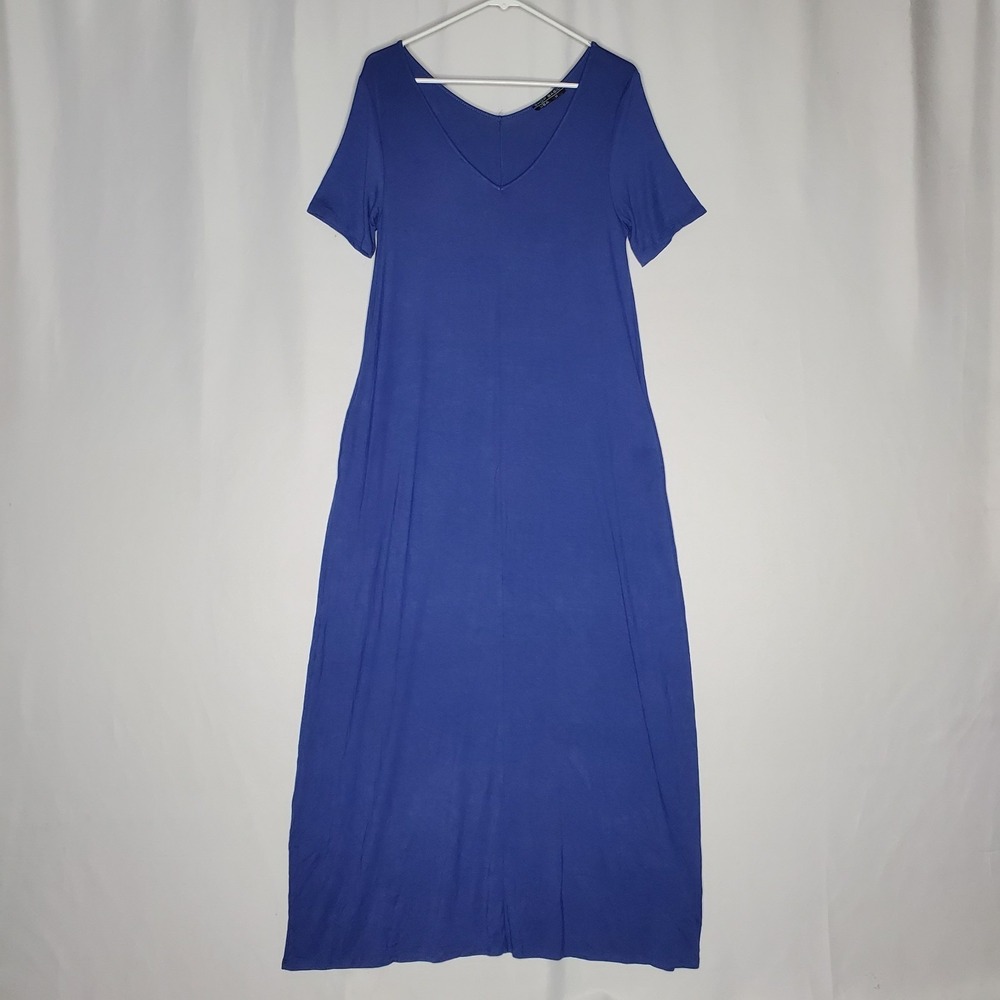 Shop‎ Basic USA Maxi Dress Womens Medium Blue Stretch Knit Pocket Sheath Casual